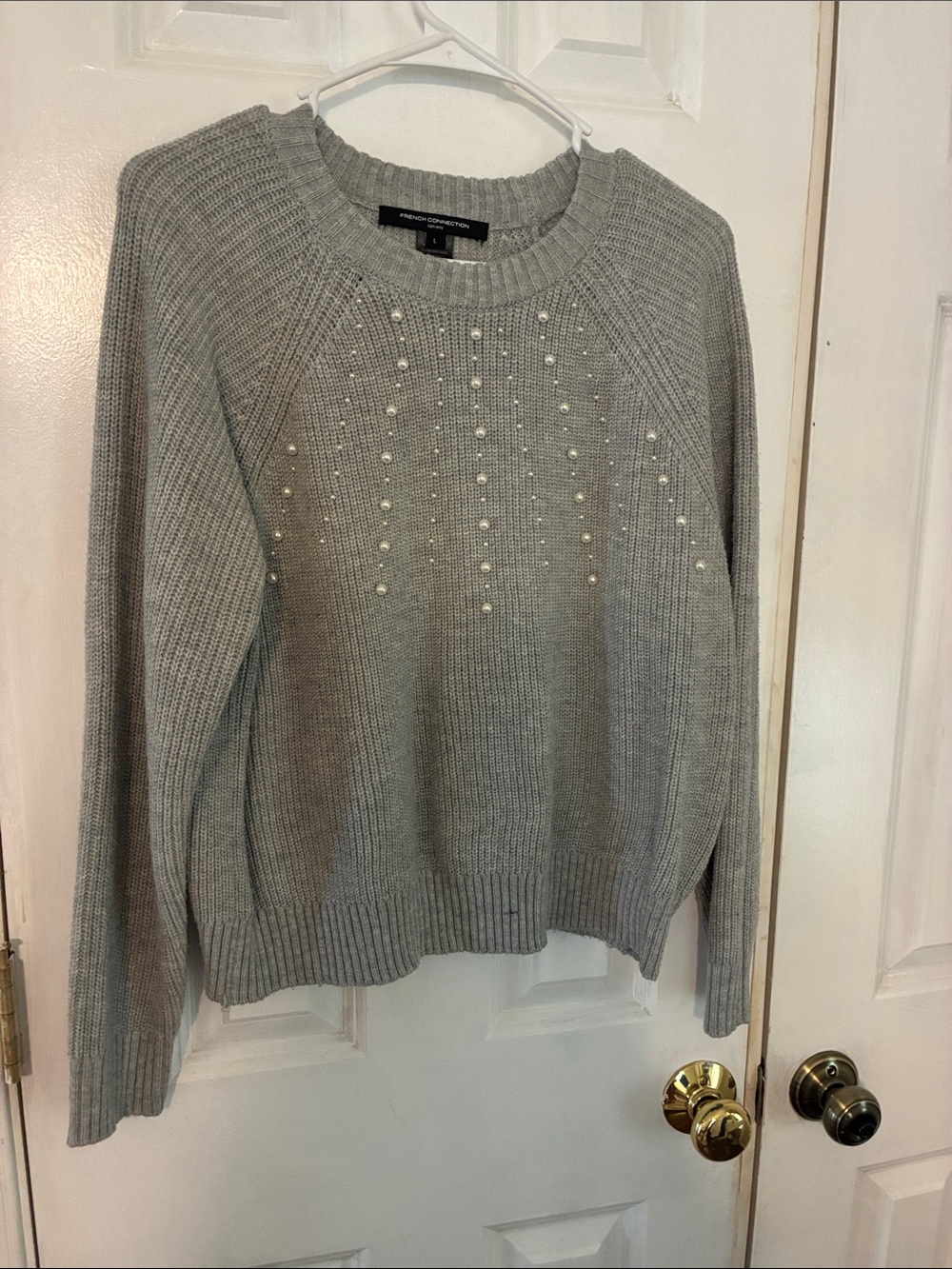 French Connection Light Gray Pearl-Embellished Crewneck Sweater